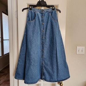 Studio West Vintage 100% Cotton Button-Front Midi Denim Skirt Elastic Back Small